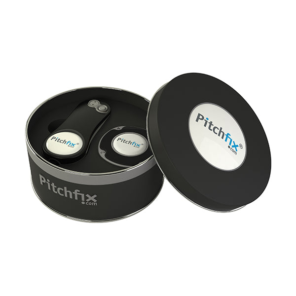 Round Golf Gift Tin with Fusion 2.5 repair tool and Multimarker chip